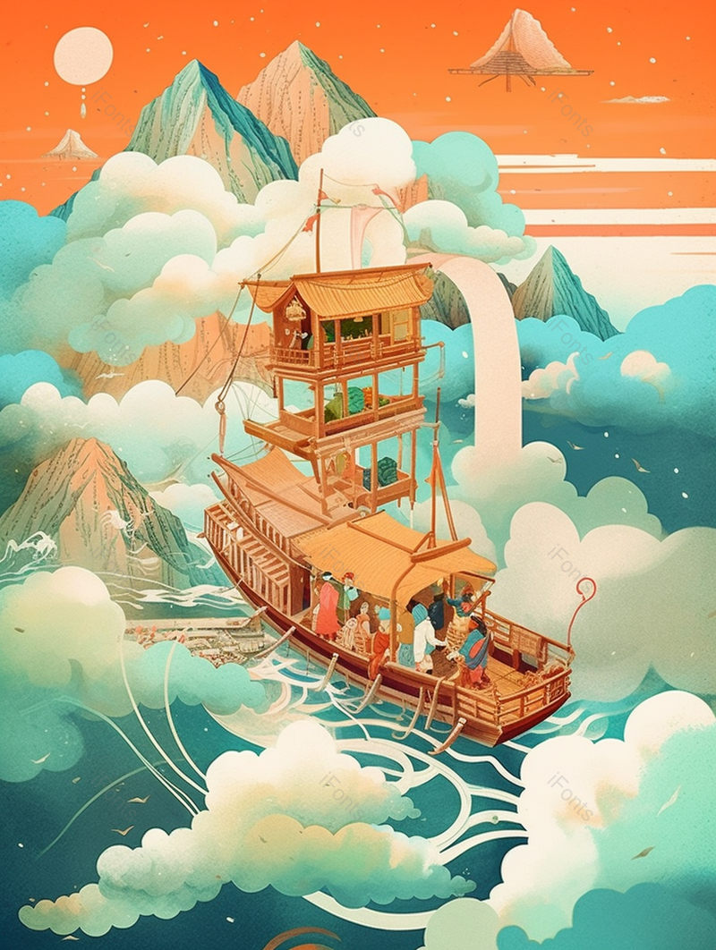 山川湖泊里行驶的木船国潮插画背景,插画/手绘图,插画/手绘图库,插画/手绘图下载,插画/手绘